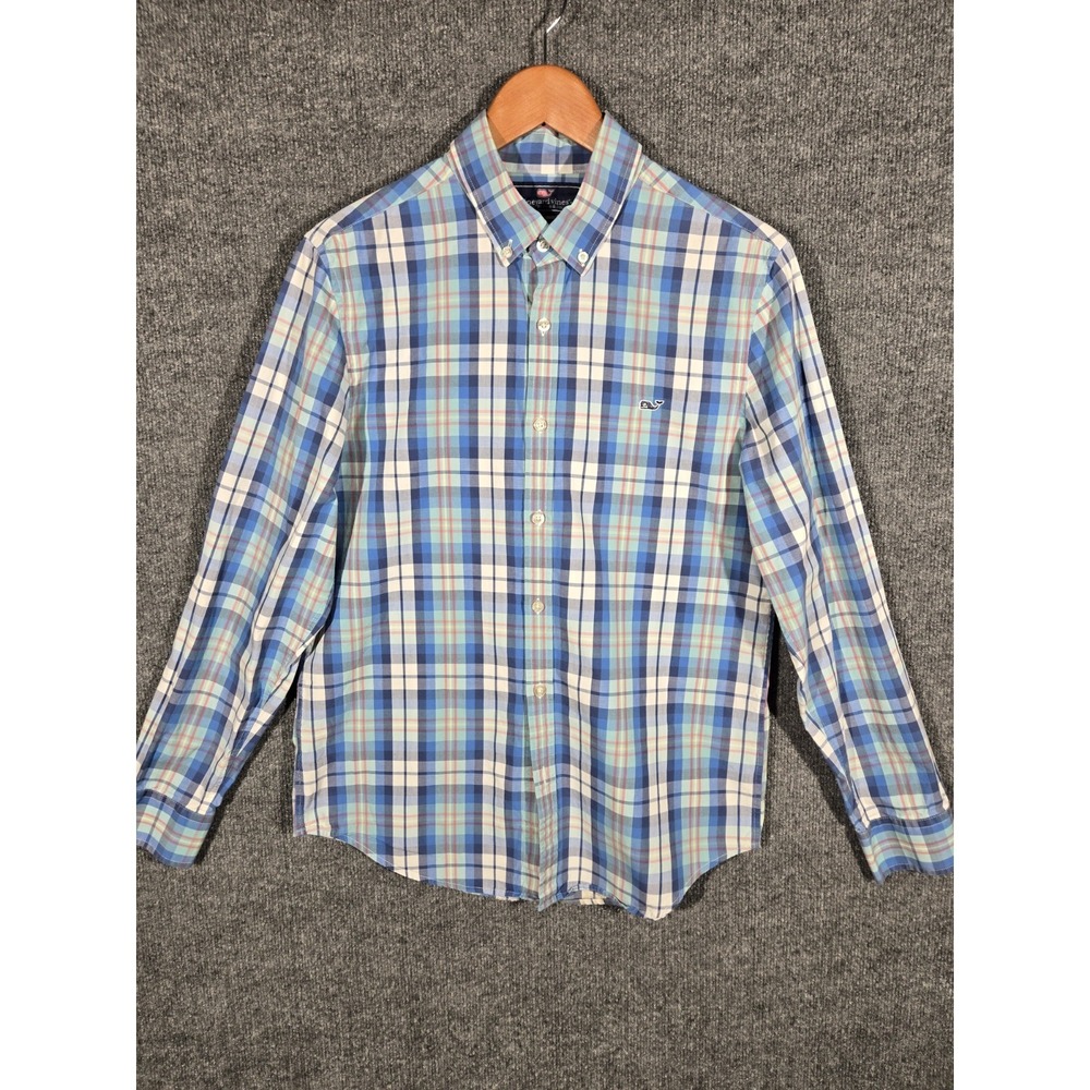 Vineyard Vines Slim Fit Whale Shirt Mens Medium Blue Plaid Button Front Cotton